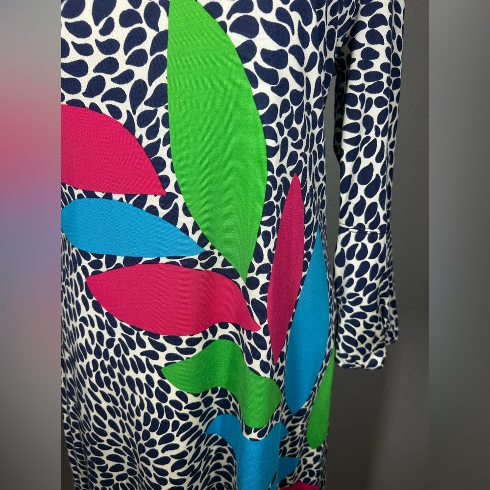 Lilly Pulitzer Angie Shift Dress Navy White Pink Green Leaf Pattern Midi Size M - Picture 3 of 14